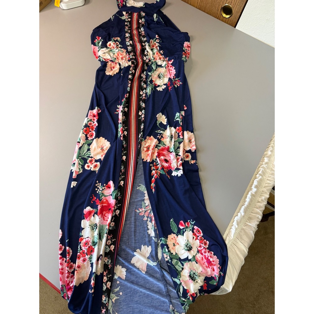 Three Pink Hearts Navy Blue Floral Halter Maxi Dress with Slit Size Medium